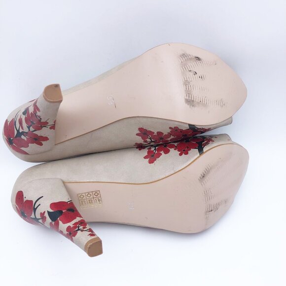 GOBY Sakura Red Floral Peep Toe High Heels Pumps Womens 8 - Picture 10 of 10
